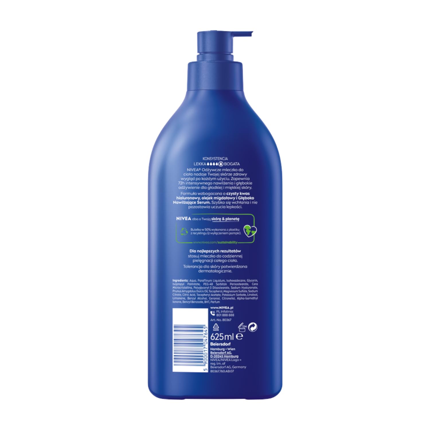 NIVEA Odżywcze mleczko do ciała z pompką z naturalnym olejkiem migdałowym i kwasem hialuronowym 625 ml