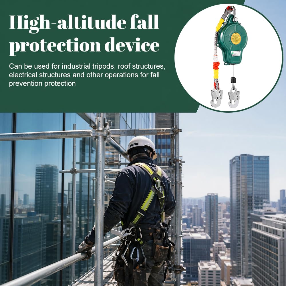 Foreverup Dispositivo Anticaduta Retrattile 10m, Imbracatura di Sicurezza Anticaduta con Funzione di Bloccaggio Automatico, Dispositivo di Sicurezza Dell'altezza per Ponteggi e Tetti (Verde,150kg)