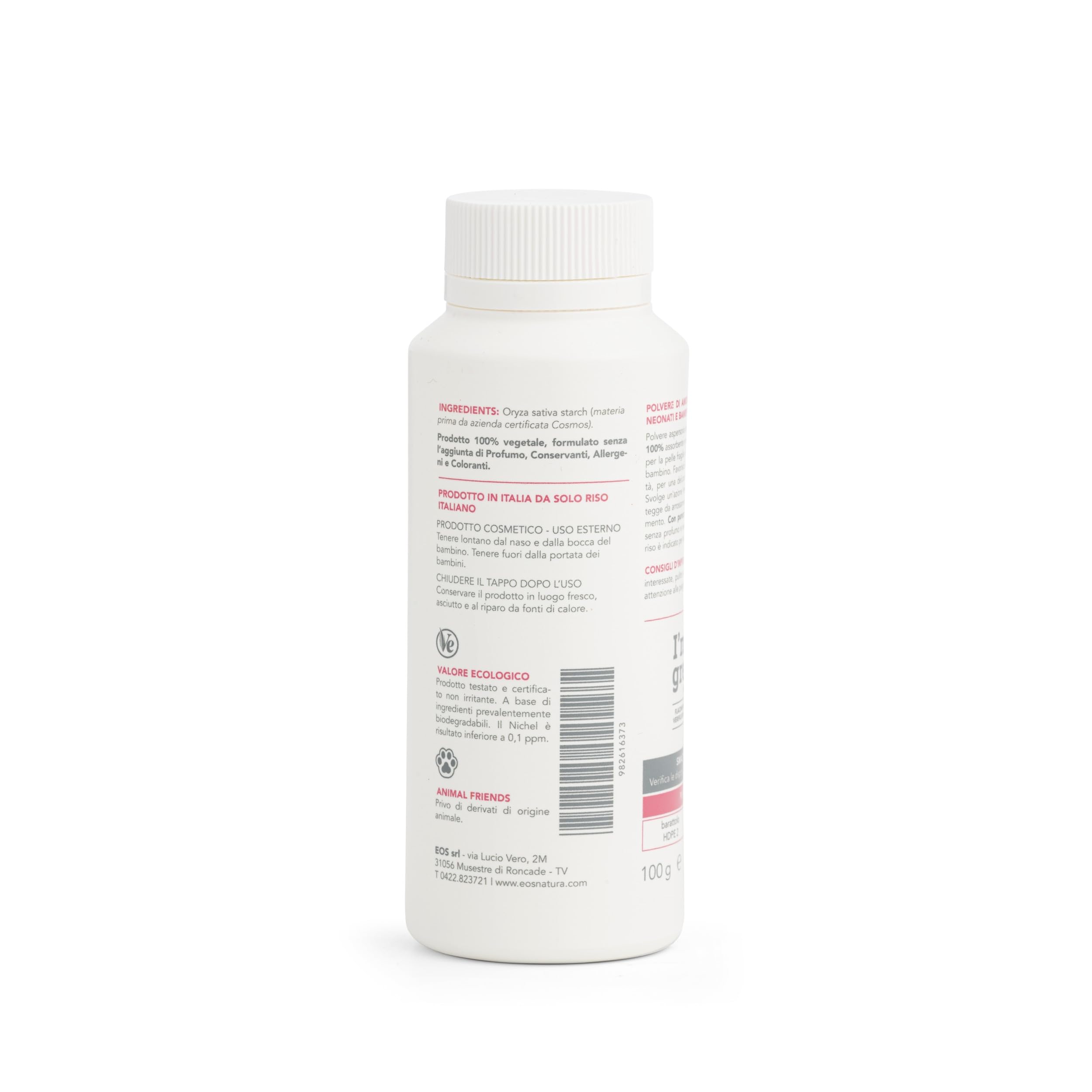 EOS NATURA Talco di Riso - Polvere di Amido di Riso Puro per Neonati e Bambini – Assorbente, Lenitiva – 100% Italiano - Il Mondo di Babu – 100 g