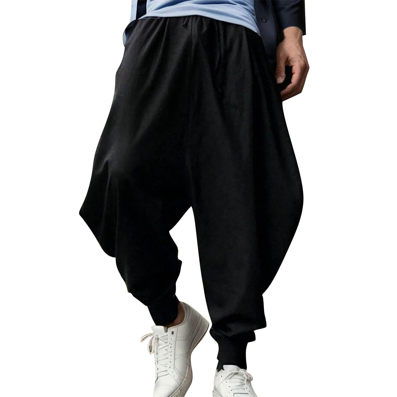 BUKKNYE Men's Cotton Linen Trousers Baggy Casual Harem Pants Wide Leg Kidoriman Pants Drawstring Pirate Costume Hippie Clothes(Black,S