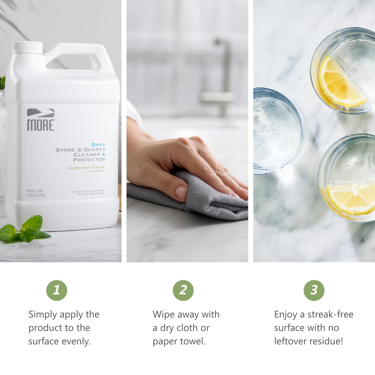 More Stone & Quartz Cleaner + Protector – Fórmula a base de agua para superficies de piedra natural y cuarzo (paquete de pinta y galón)