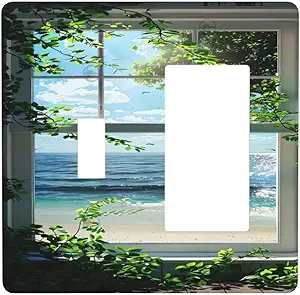 Decorative Outlet Covers Window Beach Seascape View Green Leaves 2 Gang 1 Gang Wall Plate Cover Single Toggle Rocker Combo Light Switch Cover Plate Face Plate for Bathroom Decor