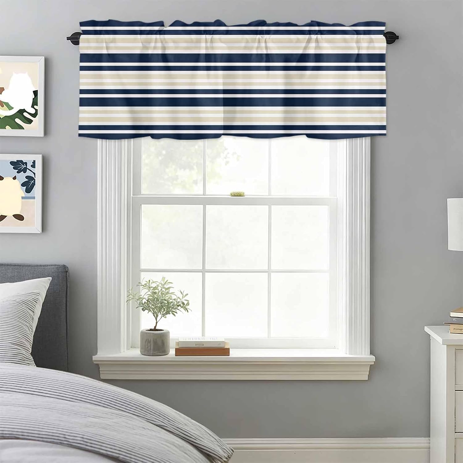 Kitchen Valances for Windows, Navy Blue Khaki Striped Valance Curtain Rod Pocket Valance, Short Curtains Window Topper for Bedroom Living Room Bathroom 42x12in