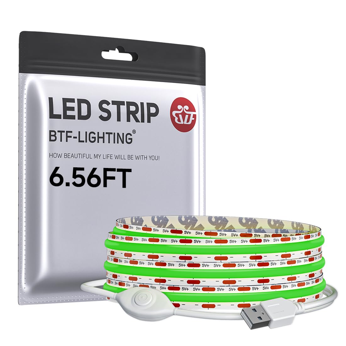 BTF-LIGHTING FCOB COB LED Strip Lights 5V USB Powered Green Color for TV