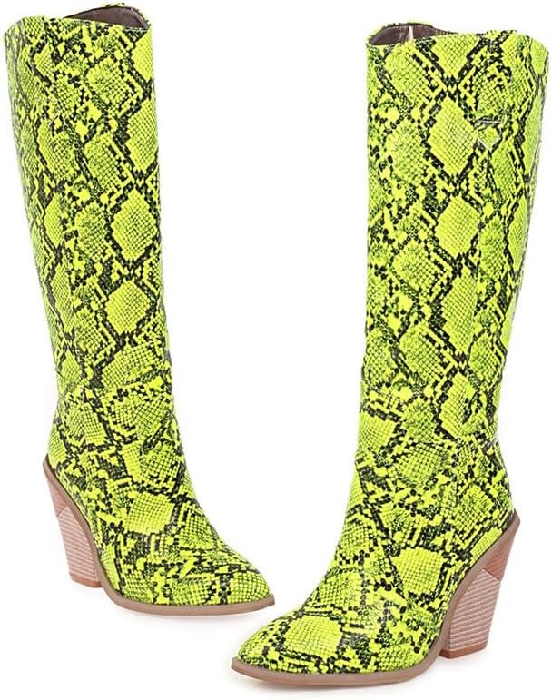 SEIFIN Neon Green Snakeskin Cowboy Boots Knee High Stacked Heel Pointed Toe Cowgirl Boots