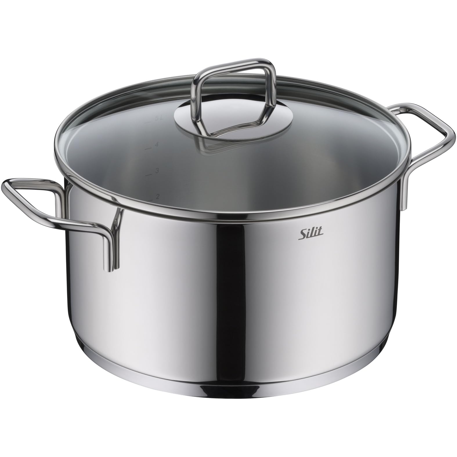 Silit Extra Cook, Kochtopf 24 cm mit Glasdeckel, Innenskalierung, breiter Schüttrand, hochwertiger spülmaschinenfester Crominox-Edelstahl, Bratentopf groß, optimale Wärmeverteilung, Induktion