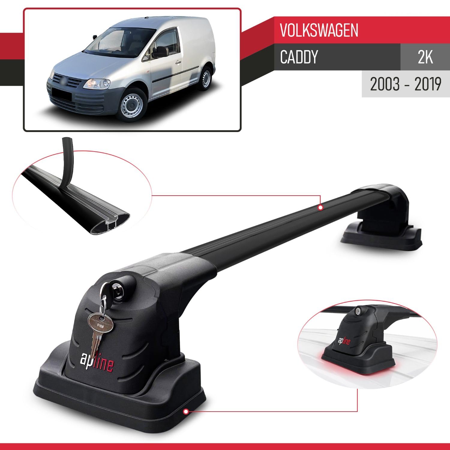 Compatible con Volkswagen Caddy (2K) 2003-2019 Modelo Ace-3 Barra de Techo Auto Portaequipajes Barras Transversales Negro Aluminio 2 Barras