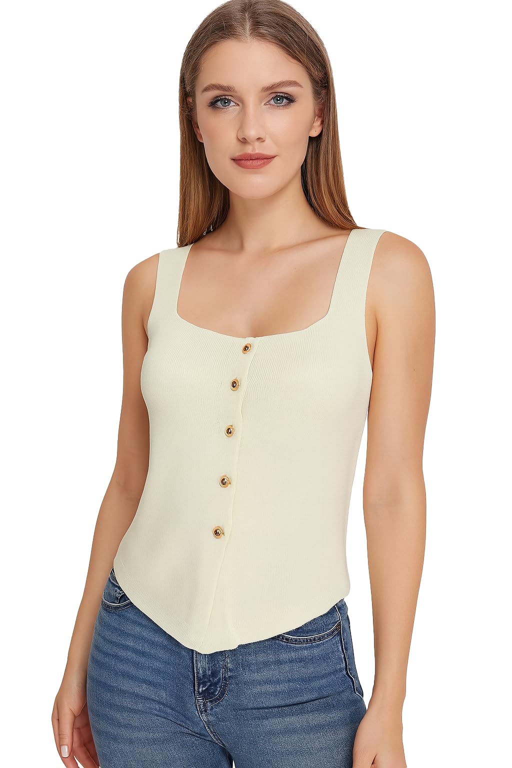 icw Women's Women's Ribbed Knit Button Front Tank Top – Sleeveless Square Neck Camisole DN79033-picture-21
