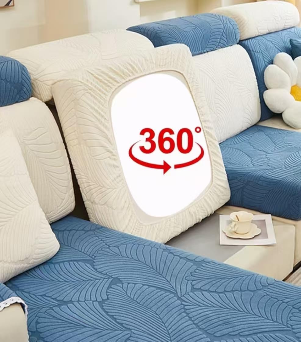 Fodera per cuscino per divano elasticizzata a 360°, motivo con foglie e tessuto elasticizzato, lavabile in lavatrice, protezione per divano (blu, 3 coprisedili singoli + 1 fodera per poltrona