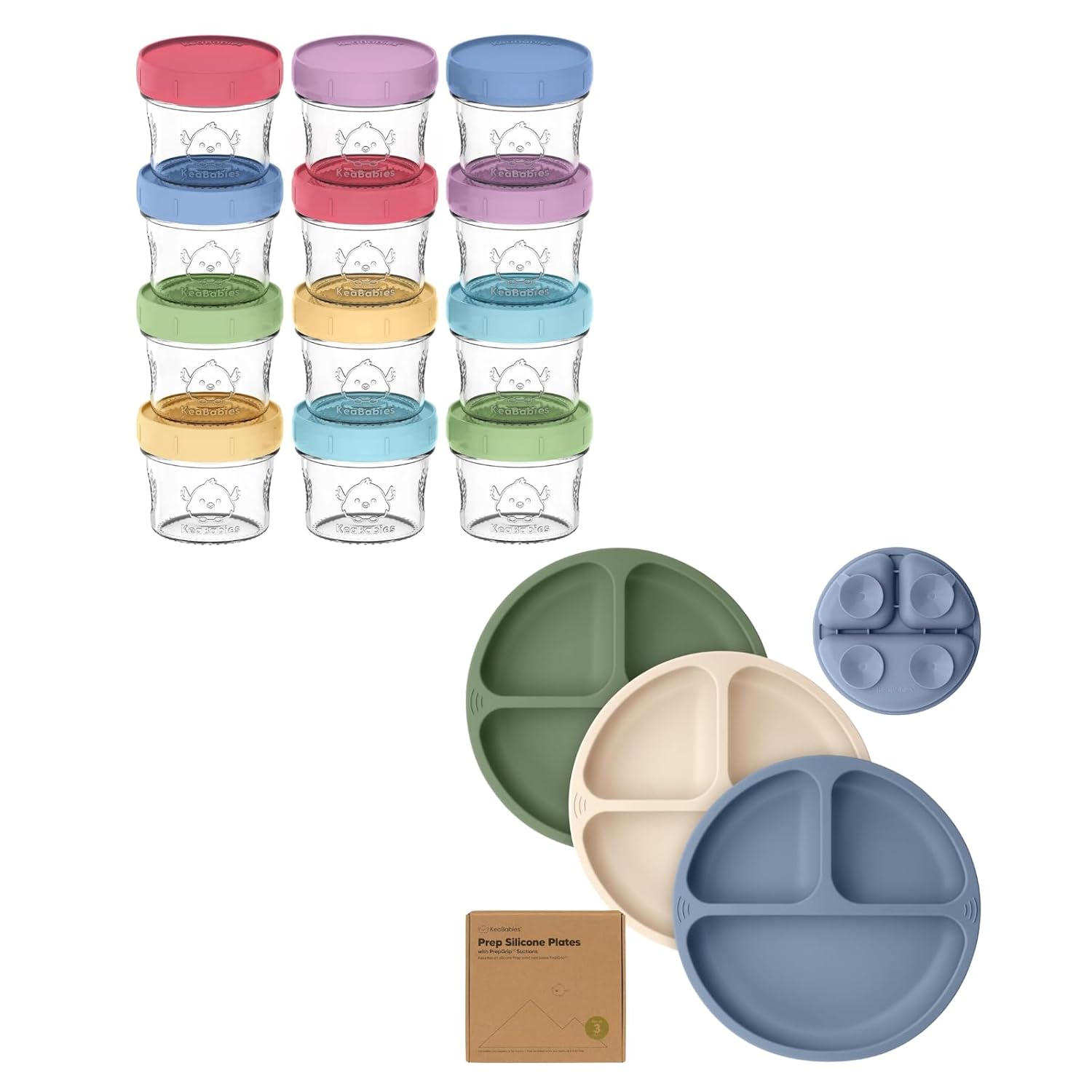 KeaBabies 12-Pack Baby Food Glass Containers and Suction Plates for Baby, Toddler - 4 oz Leak-Proof, Microwavable, Baby Food Storage Container - 3-Pack 100% Silicone Divided Baby Plates with Suction