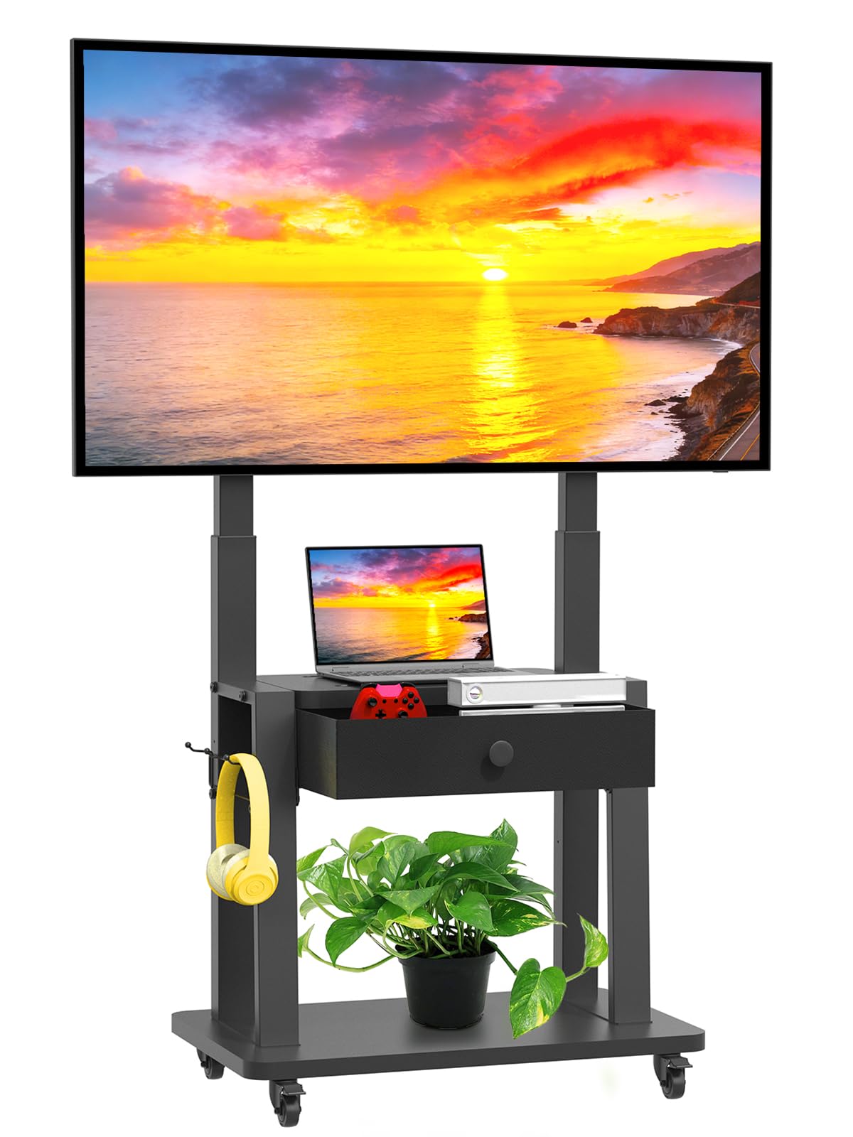 Maiproo Supporto TV con cassetto in tessuto per schermi piatti e curvi da 32 a 75 pollici, regolabile in altezza, LCD/LED/OLED, con vano portaoggetti, carrello mobile per TV su ruote fino a 100 kg