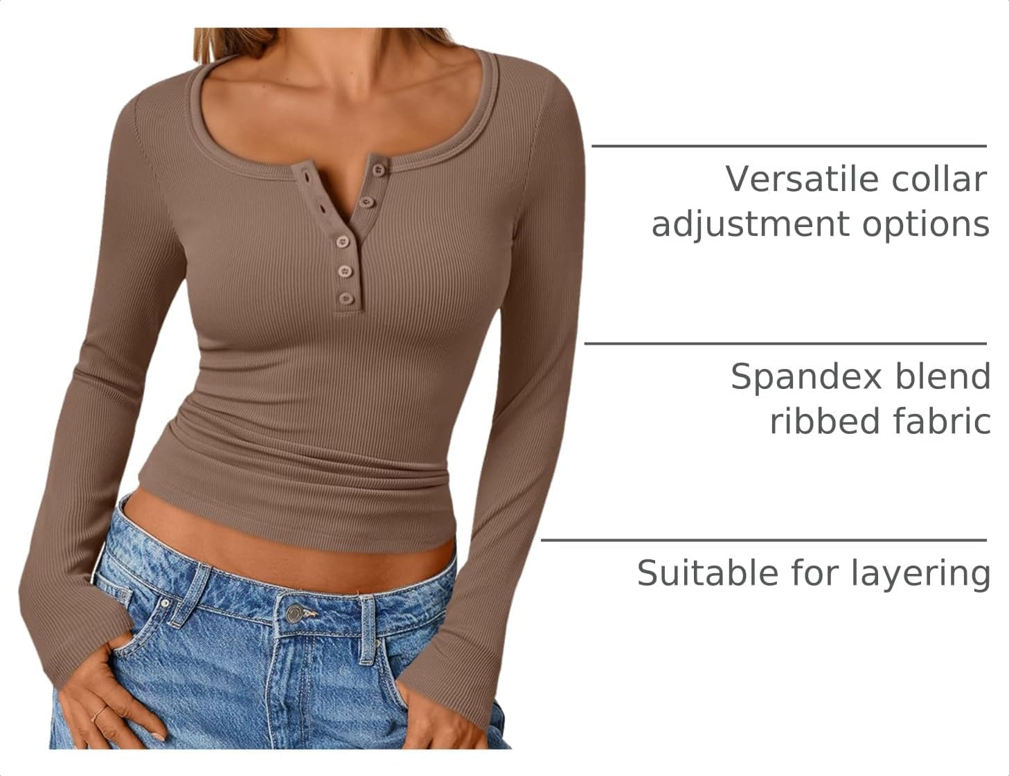 Trendy Queen Women's Ribbed Henley Long Sleeve Casual Top image 4