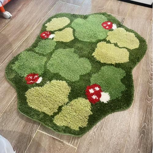 Sevmatio Moss Bath Mat Mushroom Bathroom Rug Cute Bath Mat Green Bathroom Rugs Non-Slip Shag Fluffy Carpet Washable Bath Rugs Nature Room Decor 23*32