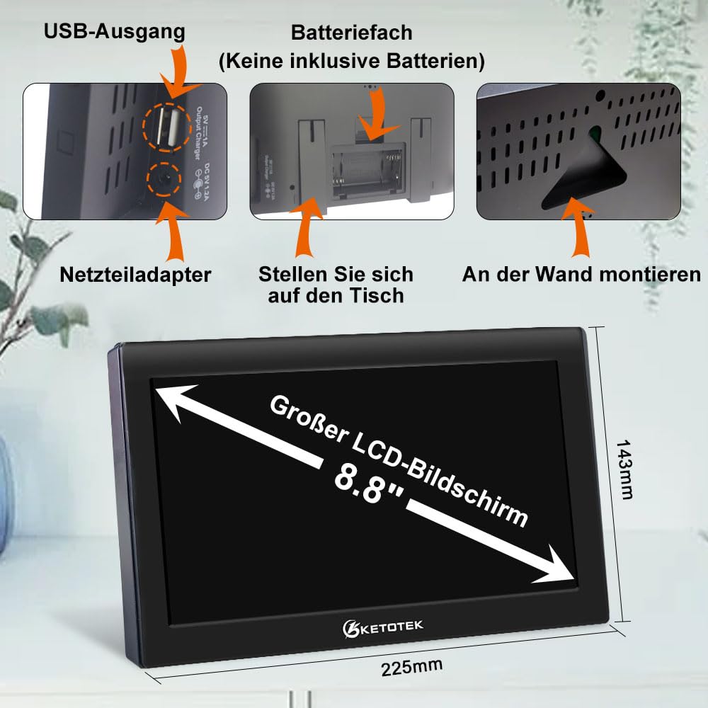 KETOTEK Wetterstation Funk mit Außensensor Innen und Außentemperatur Wettervorhersage HD LCD Display Digital Thermometer Hygrometer,DCF Funkwecker,Barometer, Sonnenaufgang Sonnenuntergang, Mondphase