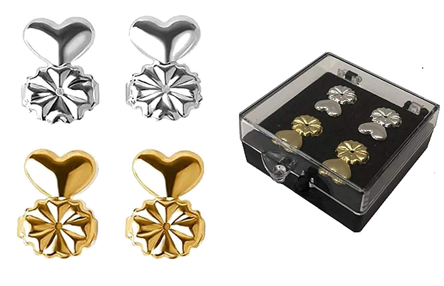 Whixant 2 Pairs Ear Lifters Earring Backs Lifters for Drooping Ears Heavy Ear Lobe Support with 2 Pairs Silicone Earring Backs and 2 Pairs gold Earring Backs For Women's & Girl's