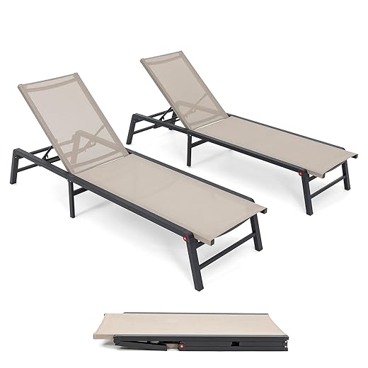U ULAND Outdoor Chaise Lounge Set of 2, Assemble-Free Aluminum Poolside Lounge Chairs for Outside Sunbathing, Backyard Lay Flat Outdoor Sun Loungers Patio Lounge Chairs for Tanning