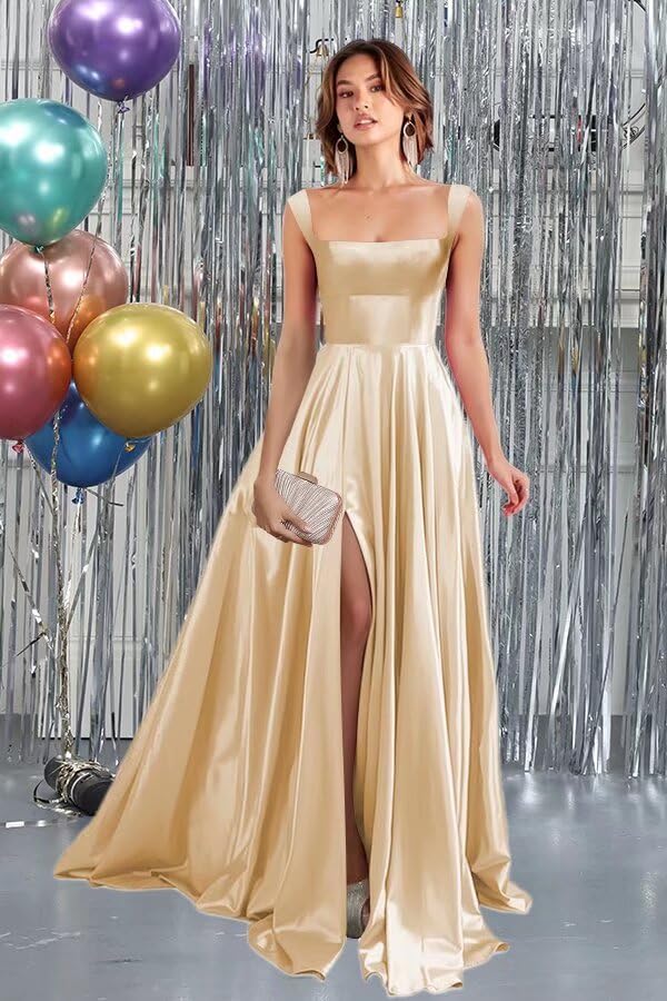 Dessiny Spaghetti Strap Satin Prom Dresses for Women with Slit Square Neck Aline Maxi Formal Dress 2025 DE3253