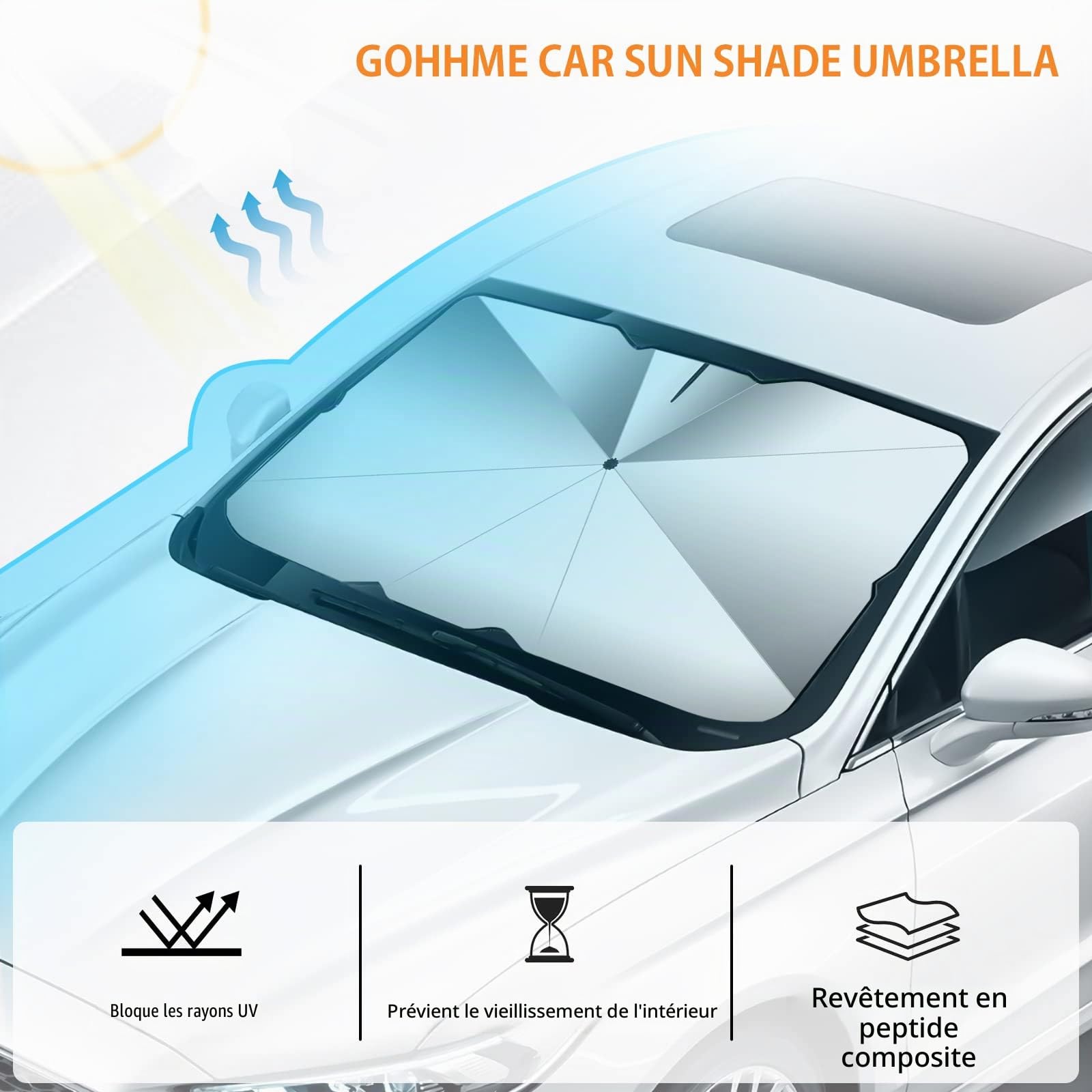 Parapluie Pare Soleil Pare Brise Avant de Voiture 132*73 cm Rotation à 360° Amélioré Parapluie de Voiture Pliable Pare-Soleil Couverture Protection UV Isolation Thermique Pliable Automobile L