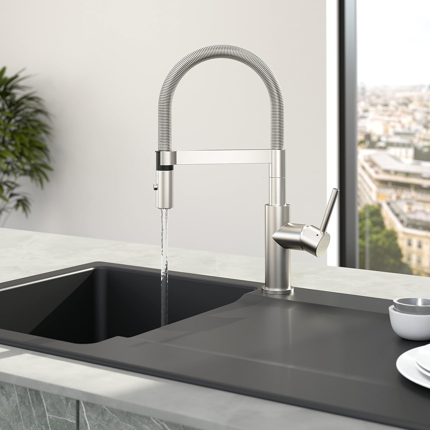Villeroy & Boch Steel Expert Compact grifería de cocina, alta presión, con función de conmutación y desagüe orientable, grifo de fregadero de bajo consumo, altura del caño 143 mm, acero inoxidable