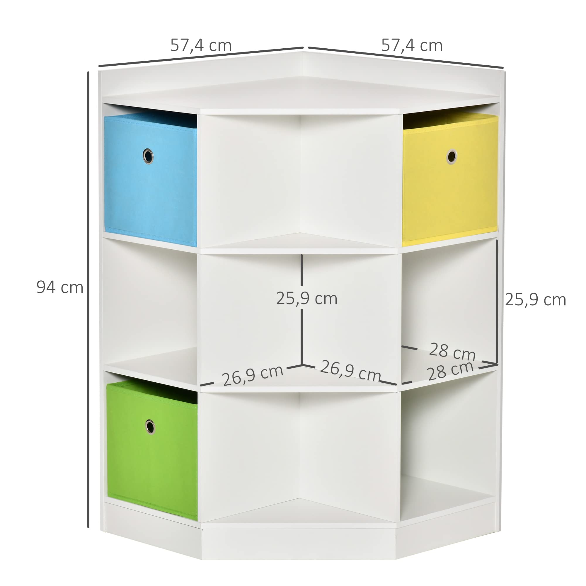 HOMCOM Kinderregal Bücherregal für Kinder Spielzeug-Organizer Kinderzimmerregal mit 3 Aufbewahrungsboxen, 7 offenen Fächern für Kinderzimmer, Kindergarten 57,4 x 57,4 x 94 cm Weiß