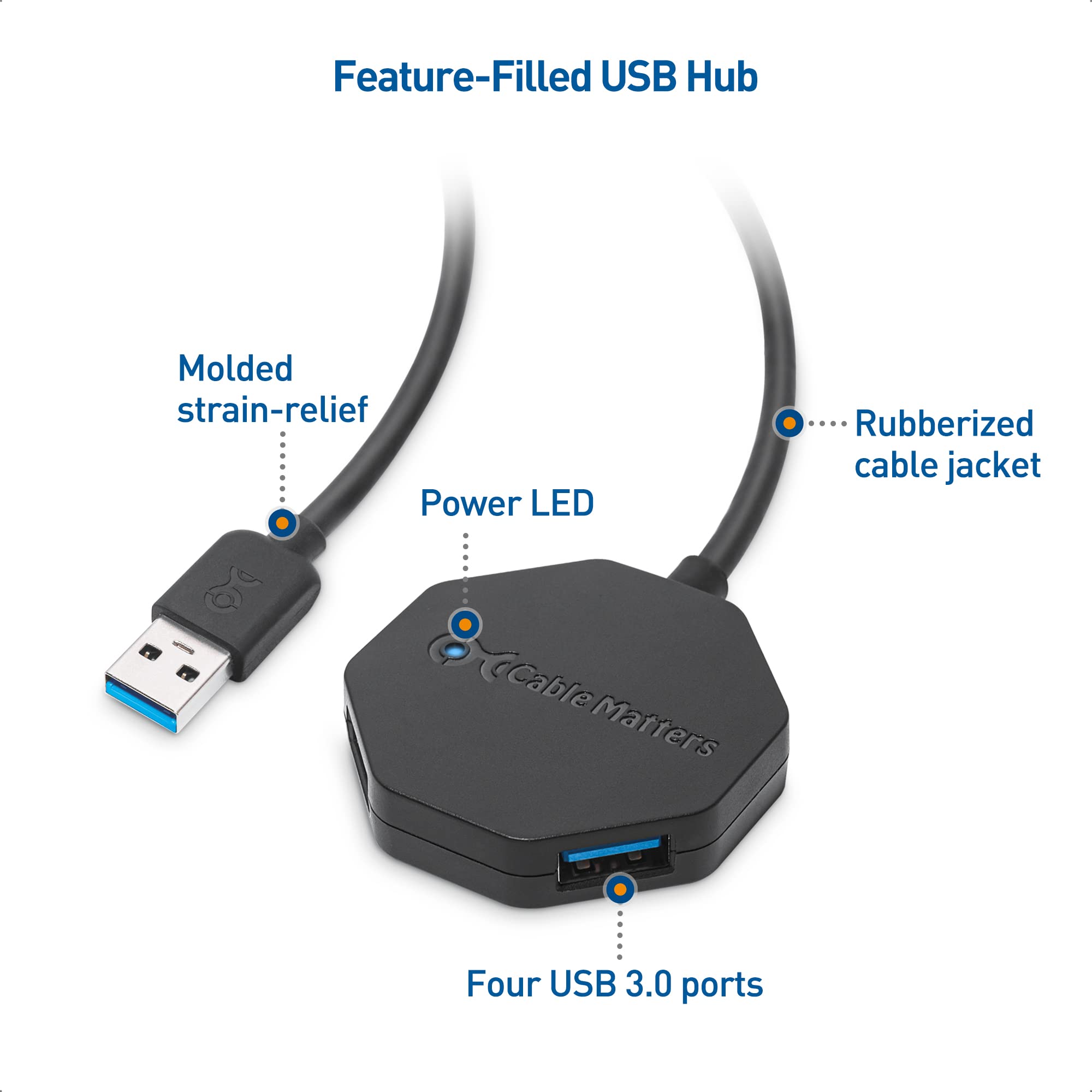 Cable Matters Ultra Mini Hub USB a 4 porte con cavo di prolunga lungo 1,2 m, hub USB 3.0 con porte multiple per velocità di trasferimento dati fino a 5 Gbps, nero