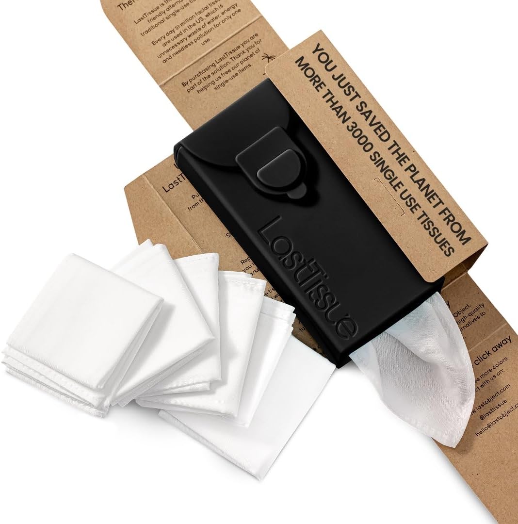 LastTissue® Reusable Cotton Tissue Pack | Face Towels & Handkerchiefs for Men & Women – Washable, Sustainable Facial Tissue with Storage Case - Black
