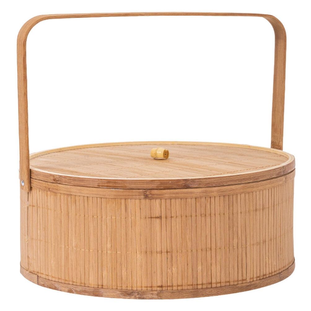 HOLIDYOYO Bamboo Basket Round Bamboo Woven Goodie Basket with Handle and Lid Empty Basket for Party Treats