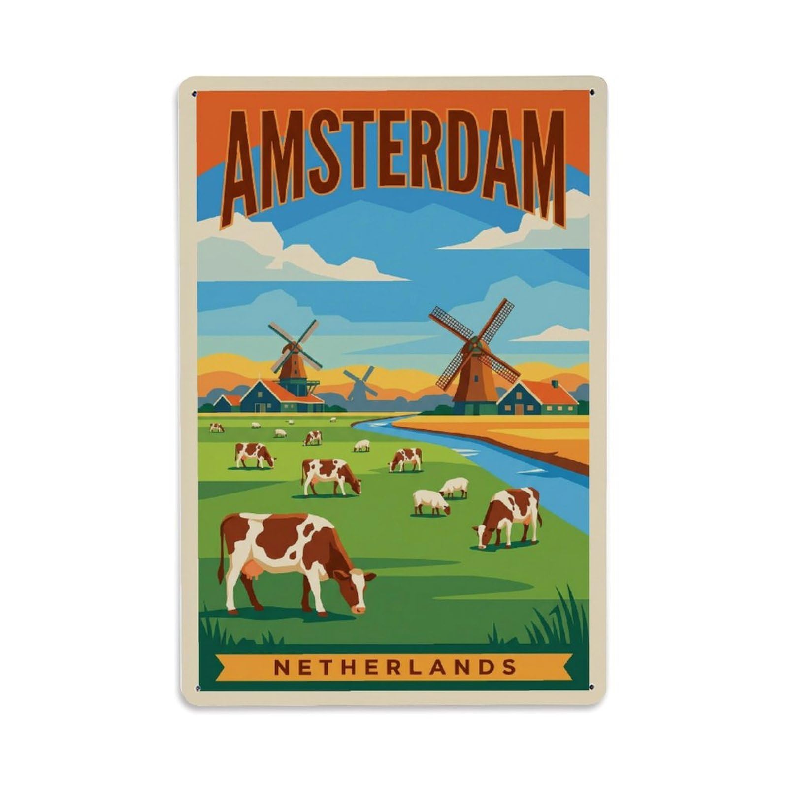 Vintage Travel Pasture Netherlands Grazing（1） Metal Tin Sign Plaque Wall Decor for Cafe, Club Bar, Office, Home Garden Metal Poster 8x12Inch