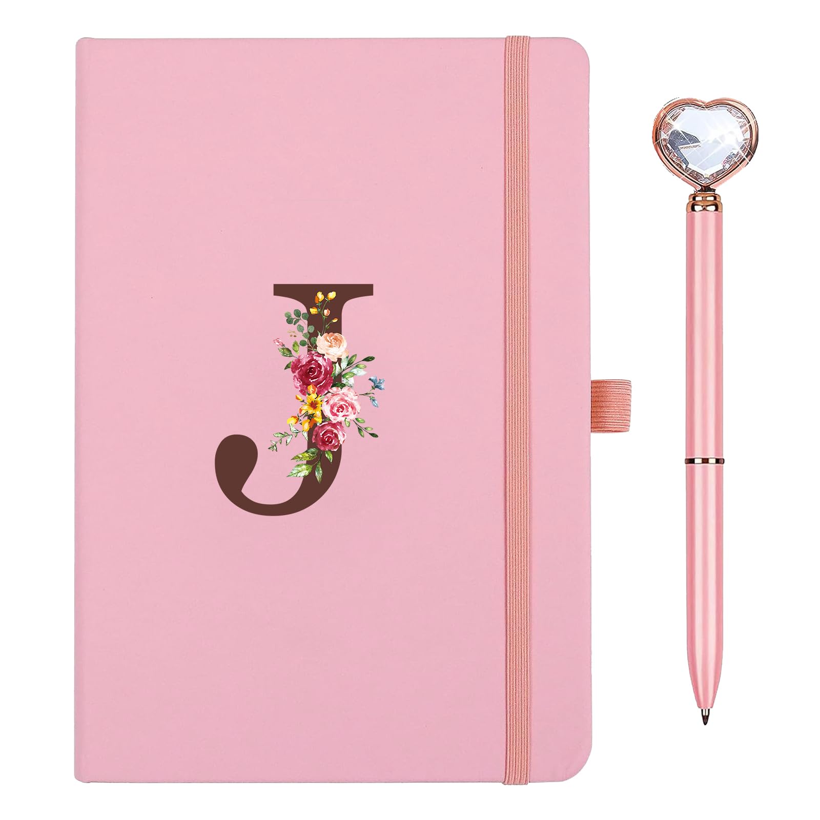 Travel Notebook PU Leather with Pen Diamond Pink Heart Writing Notebook A5 Initial Diary Notebooks for Women Girl Birthday Easter Mother's Day Gift for Friend Student(J)