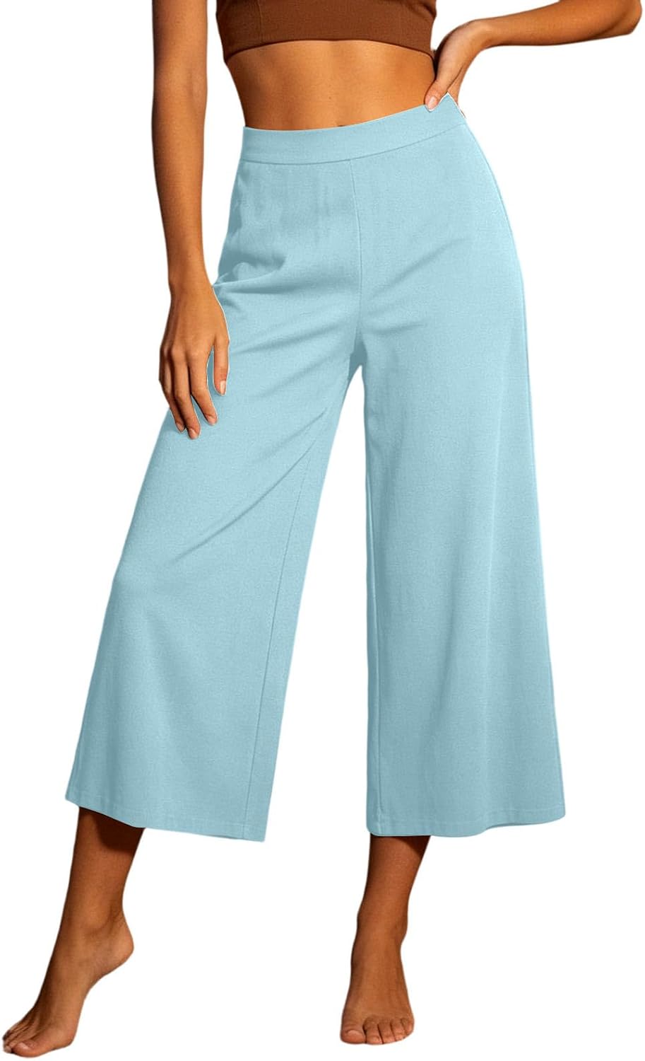 Wide Leg Capri Pants for Women Elastic High Waisted Casual Capris Summer Beach Baggy Palazzo Cropped Trousers