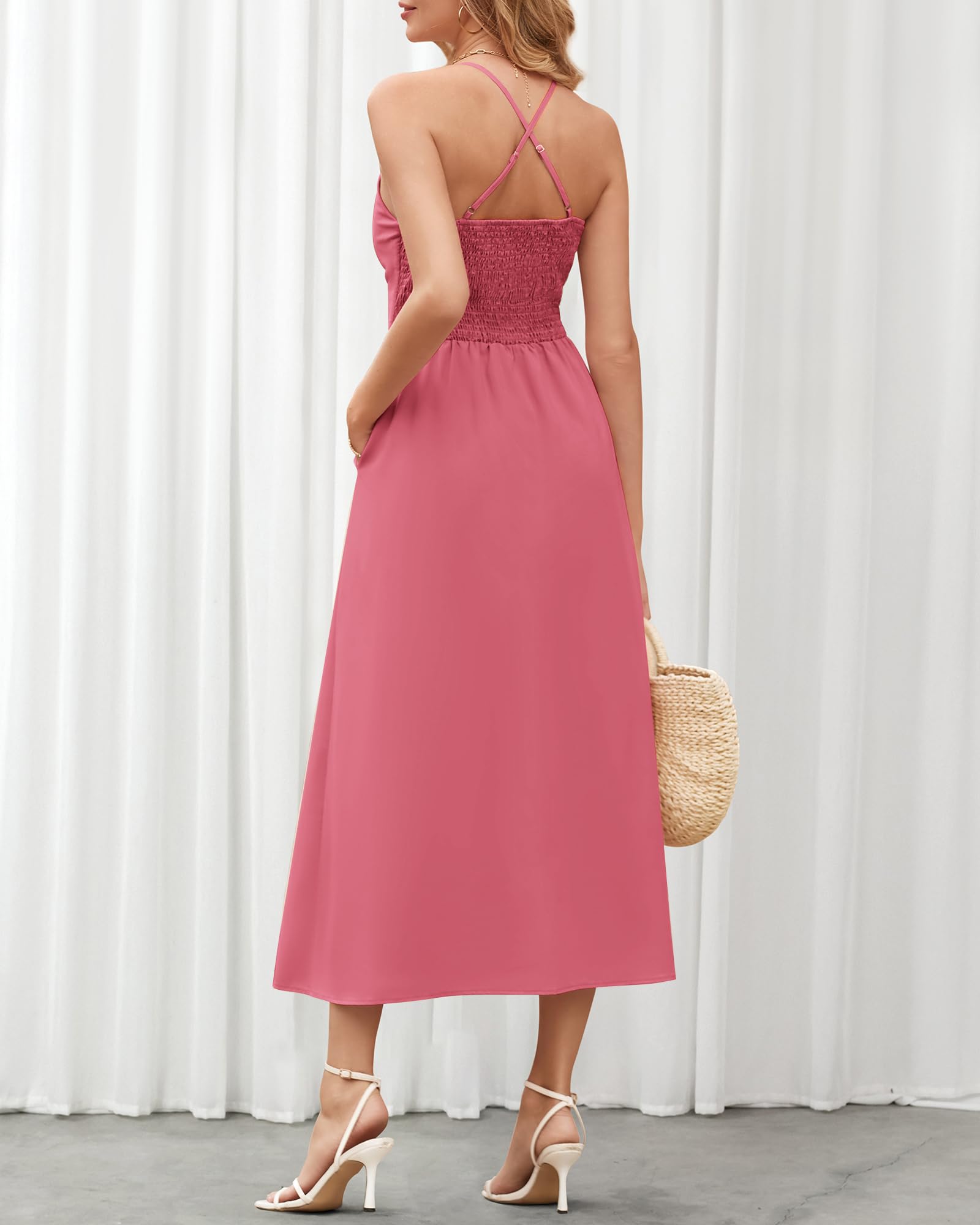 BTFBM Women 2026 Spaghetti Strap Midi Summer Dresses Sleeveless V Neck Cutout Slit Casual Beach Party Maxi Dress Pockets: Large Dark Pink