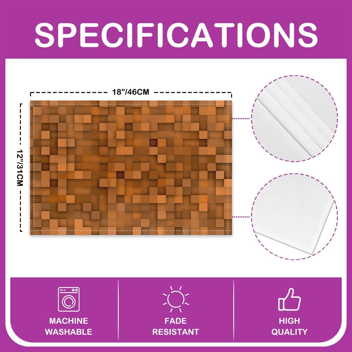 Pixelated Miners Blocks Kids Placemats Set of 4,Patchwork Square Videogame Table Place Mats,Geometric Patchwork Grid Kitchen Decor,Orange Placemat Kitchen Table Decoration 12"x18" image 4