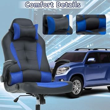 Blue Gaming Chair - Ergonomic High Back Office Desk Chair with Adjustable Lumbar Support, Flip-Up Arms & Headrest - PU Leather Computer Swivel Task Chair for Adults, Men & Women