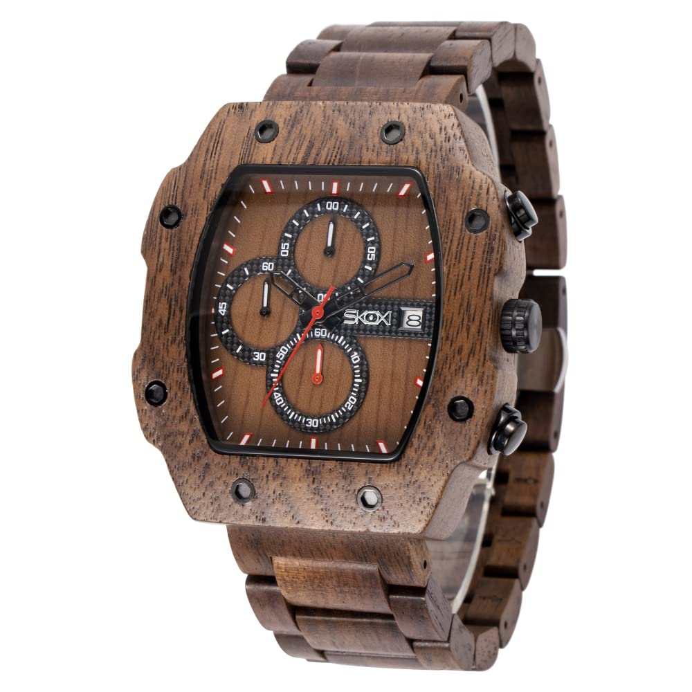 SKOXIWood Watches for Men, Natural Wood Lightweight Watch, Japanese Quartz Movement with Date Display Multi-Function Men's Timepieces, black walnut