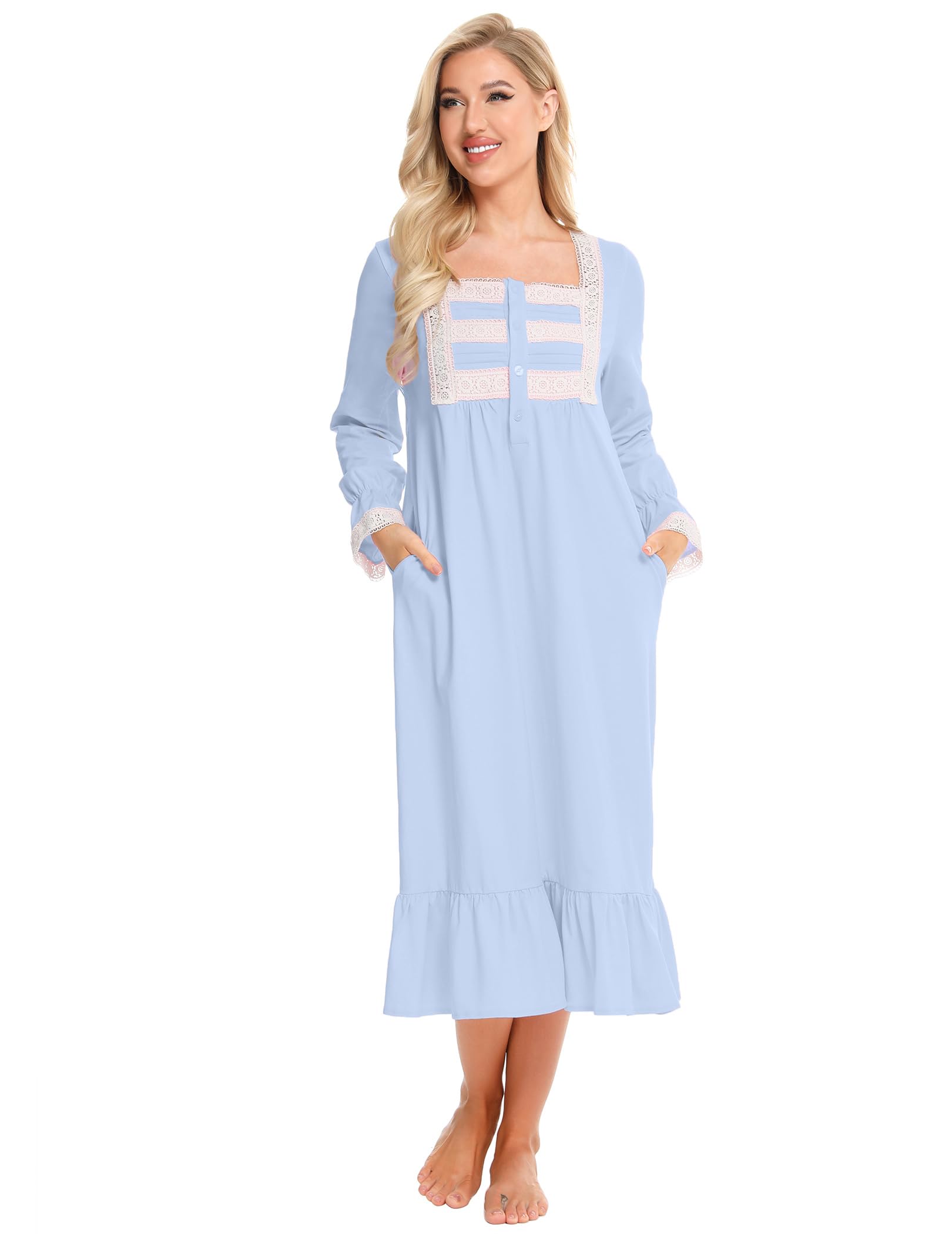 Citridarll Women's Victorian Nightgown Square Neck Cotton Sleepwear Long Loungewear Short Sleeve Vintage Loungewear, Blue, Medium