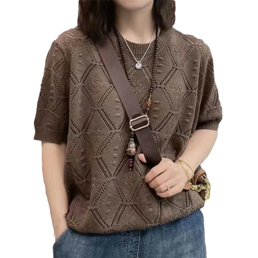 T-shirts d'été à col rond pour femme - Couleur unie - Tricot creux - Hauts décontractés
