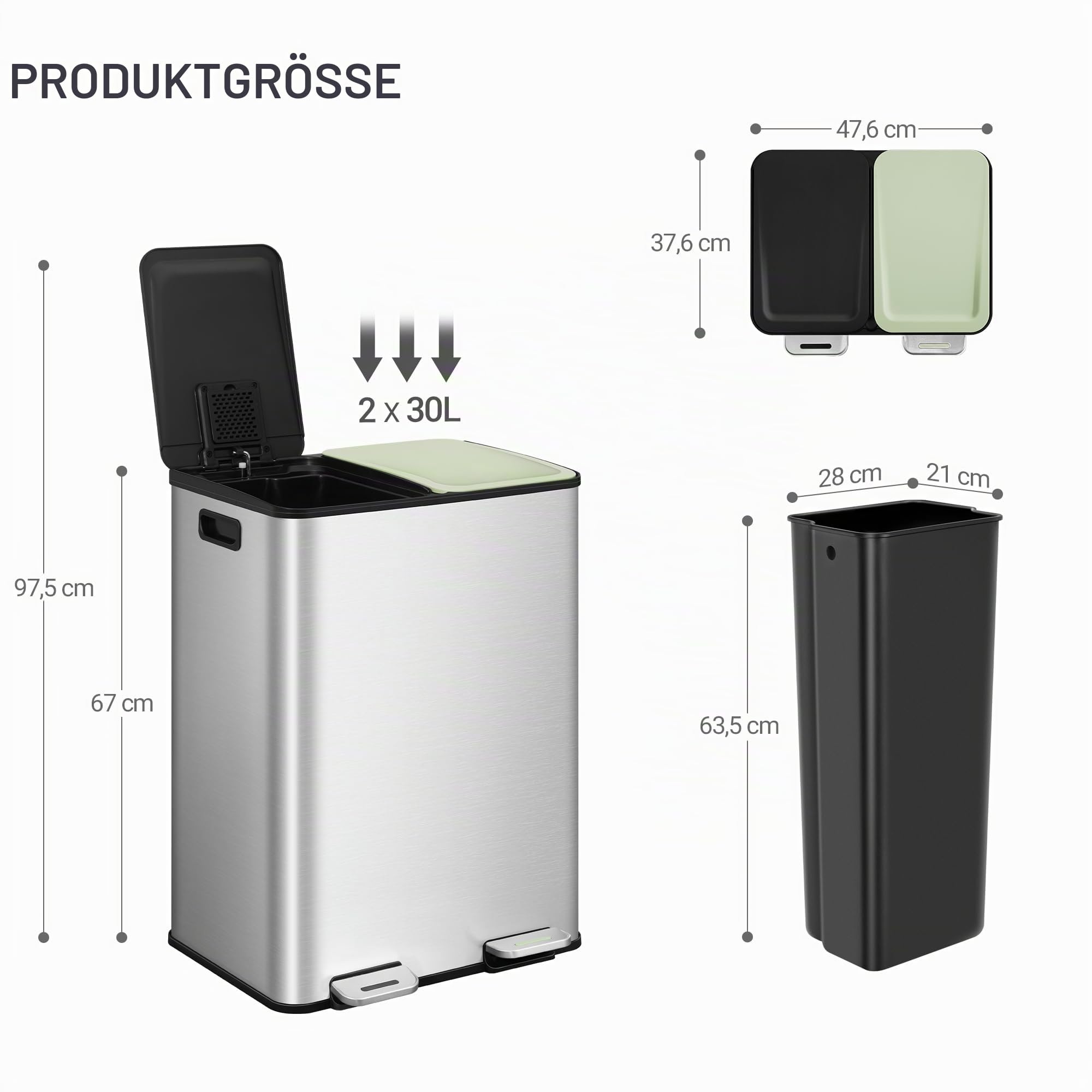 Hzuaneri Mülleimer Küche, 2 x 30 L, Mülltrennsystem 2 Fächer, Mülleimer mit Farbigem Soft-Close-Deckel und Pedal, Küchenabfalleimer mit Inneneimer, Stahl, inklusive 15 Müllbeuteln, Silber SW23199E