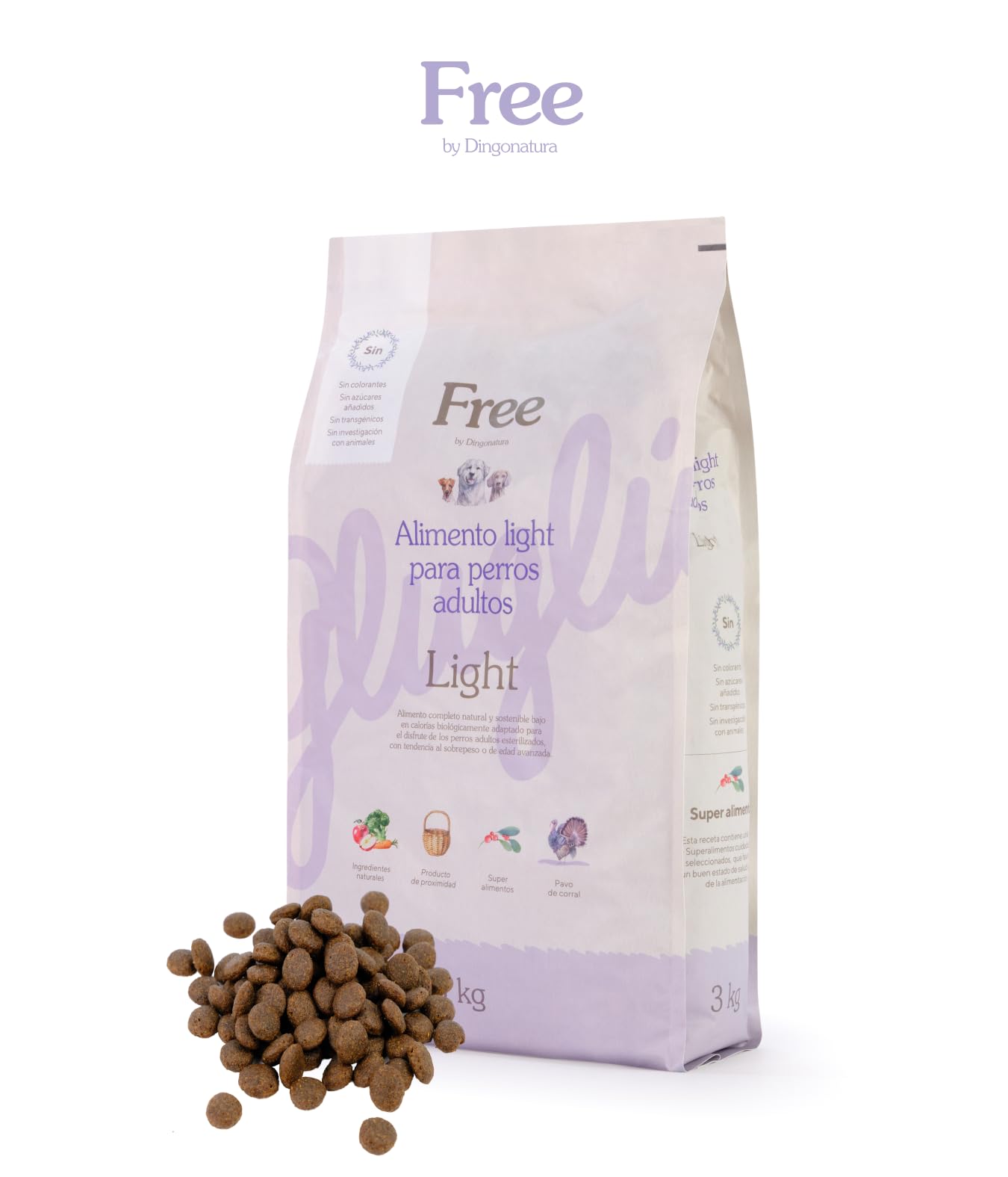 Free by Dingonatura. Pienso Light Perros Adultos, Alimentación Natural y Completa, con Superalimentos, Apto para Todos los Tamaños, 26,5% Proteína, con Pavo de Corral (3 kg)
