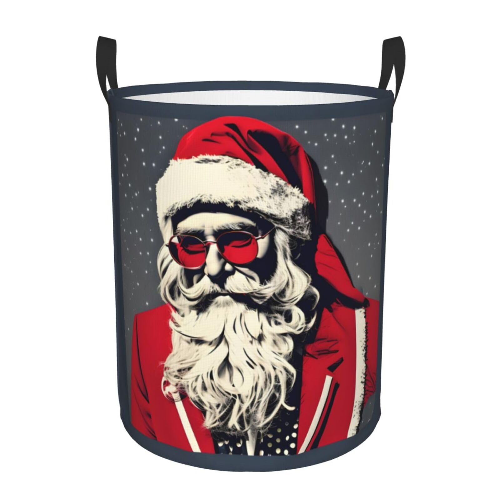 S Collapsible Laundry Hamper Round Cute Santa Claus Print Storage