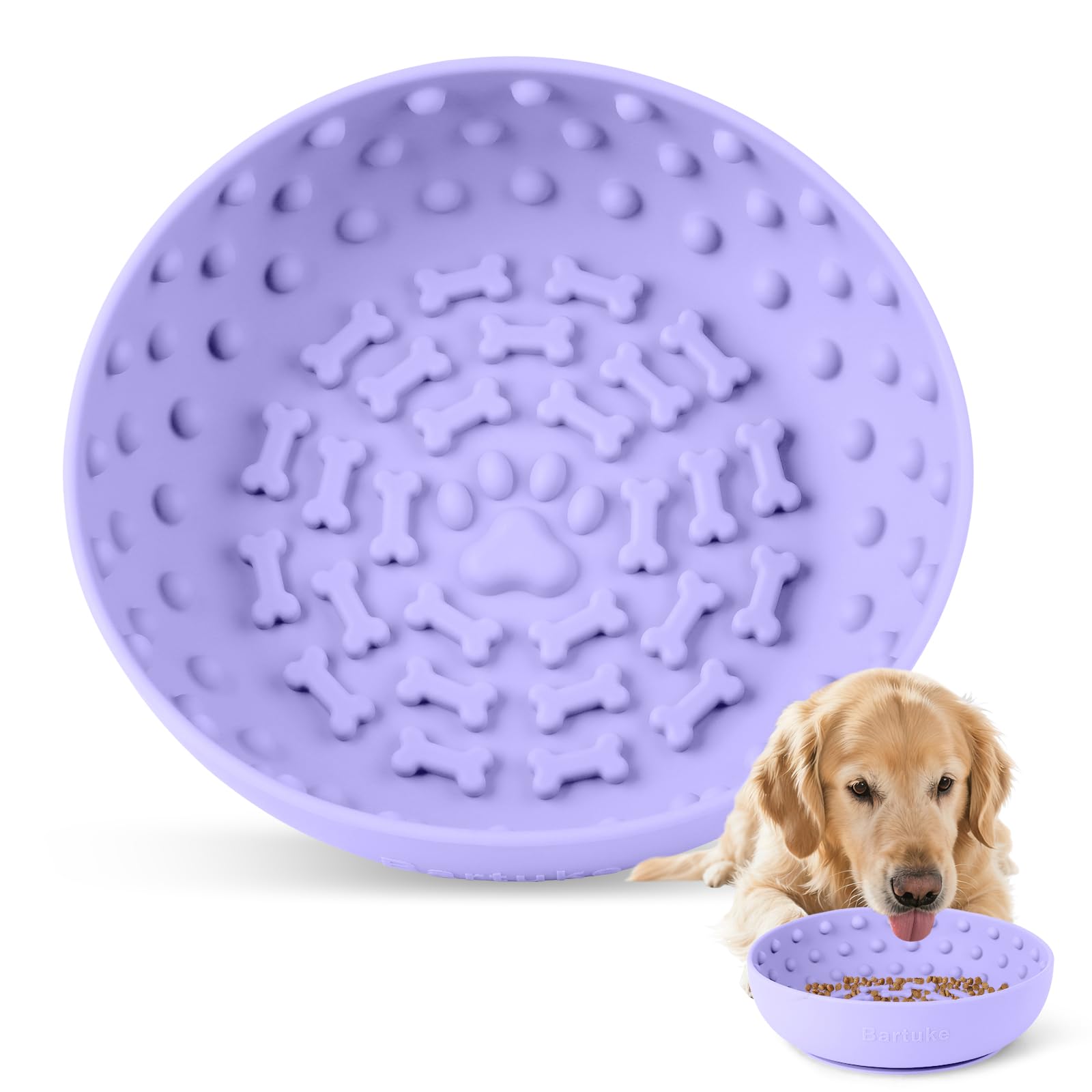 Bartuke Silicone Slow Feeder Raised Dog Bowl, Large Dog Licking Feeding Bowl with Non-Slip Suction Cups for Large Breed Anxiety Relief, Anti Choking, BPA Free Silicone, Dishwasher Safe (Purple)