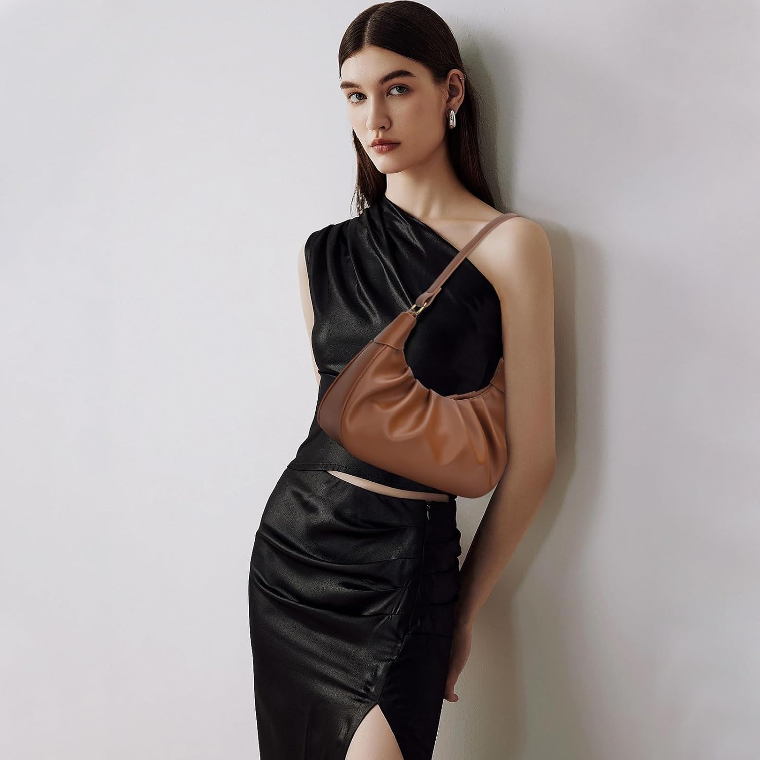 KKXIU Shoulder Bag Crescent Handbag Ruched Purse Underarm Bag Mini Hobo for Women,Detachable Gold Chain Crossbody Bag - Image 2