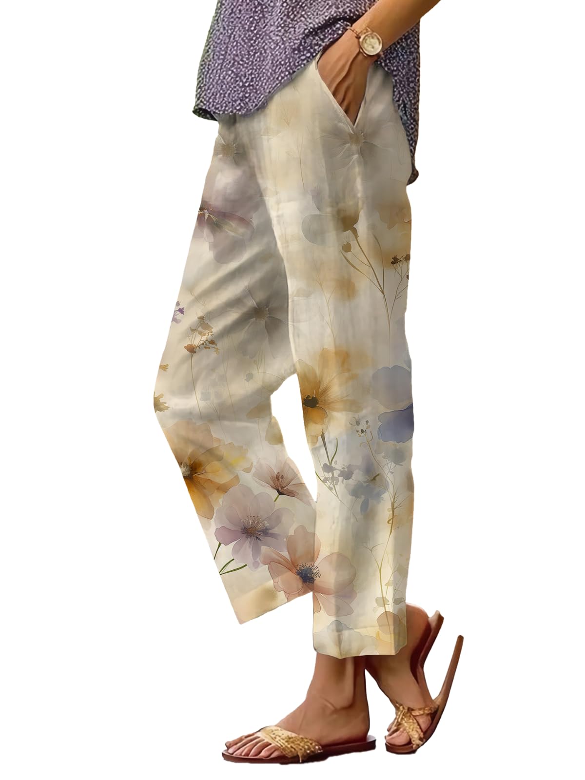 Womens Summer Casual Pants Boho Floral Elastic Waist Baggy Beach Wide Leg Capris Pant with Pockets Loose Fit