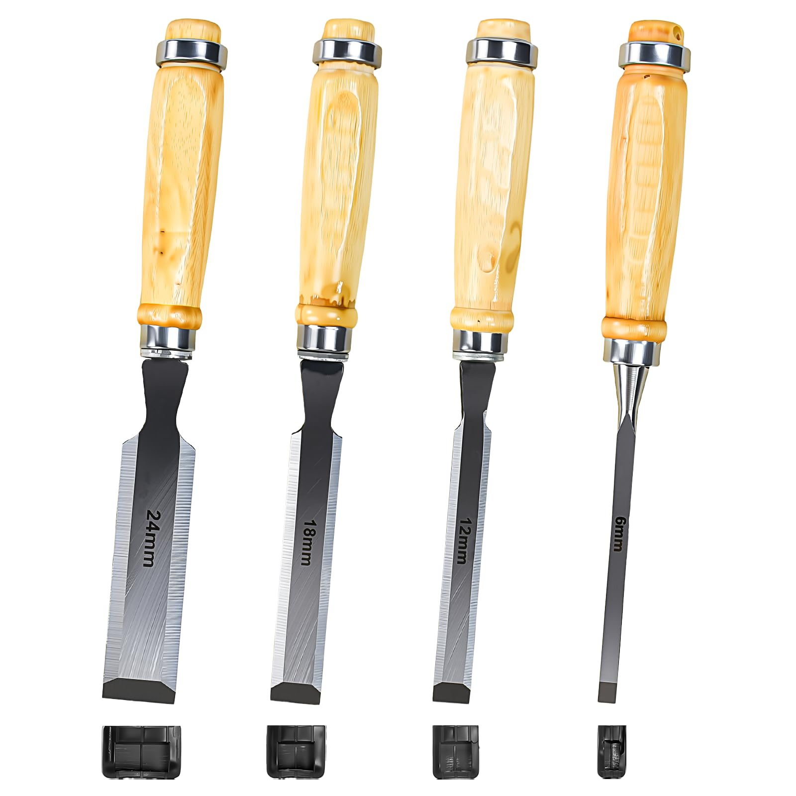 Set of 4 Wood Chisels with Sizes 6, 12, 19 and 24 mm, Sharp Edge Wood Carving Tools, Chisel Kit for Wood Carving, DIY and Craft Work