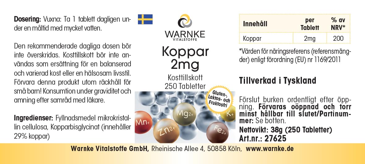 Rame 2mg - 250 compresse, ciascuna contenente 2mg - Bisglicinato di rame - ALTO DOSAGGIO - Qualità farmaceutica tedesca - vegano | Warnke Vitalstoffe