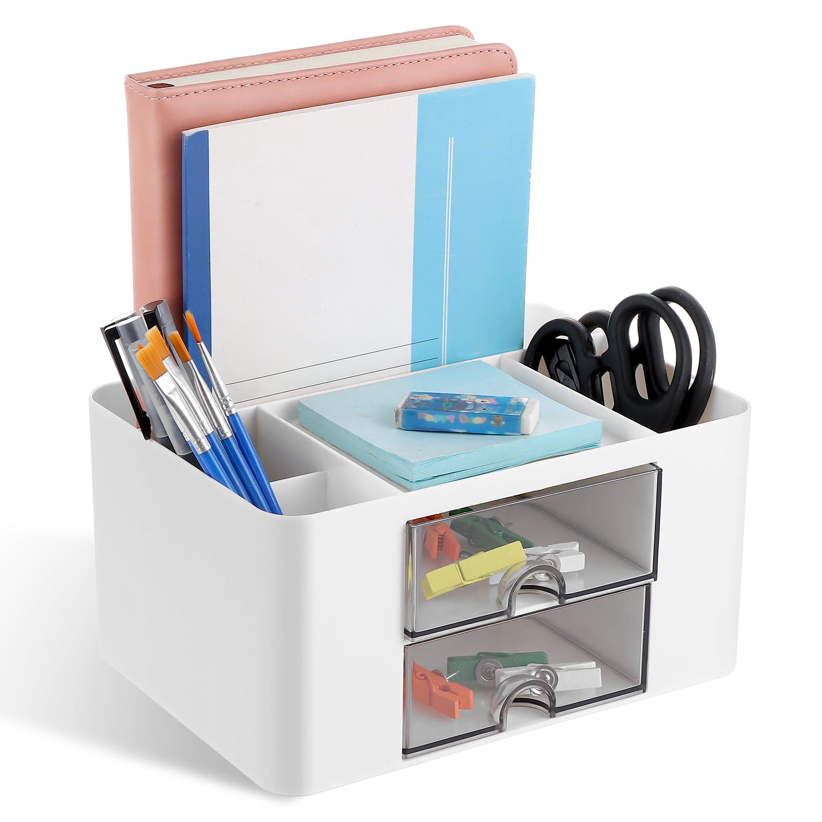 Lychico Large Capacity Desktop Organiser with Drawers, Multi-Compartment Office Storage Box for Stationery, Makeup, Crafts, Supplies - Desk Tidy for Home Office, School & Work