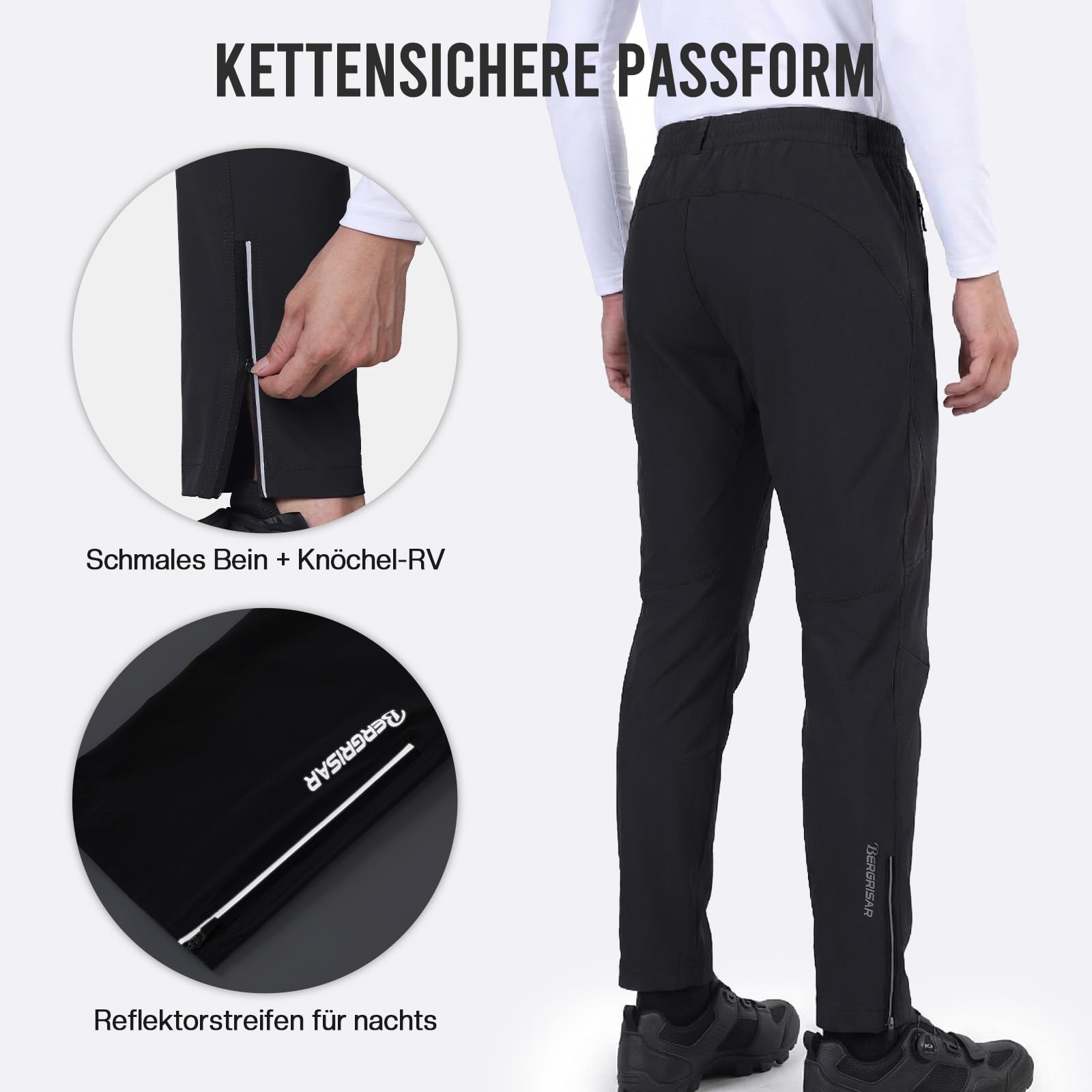 BERGRISAR Herren-Radhose, wasserabweisend, MTB-Hose mit Reißverschlusstaschen, schnell trocknend, 4-Wege-Stretch, Mountainbike-Hose für Outdoor, Wandern, Laufen