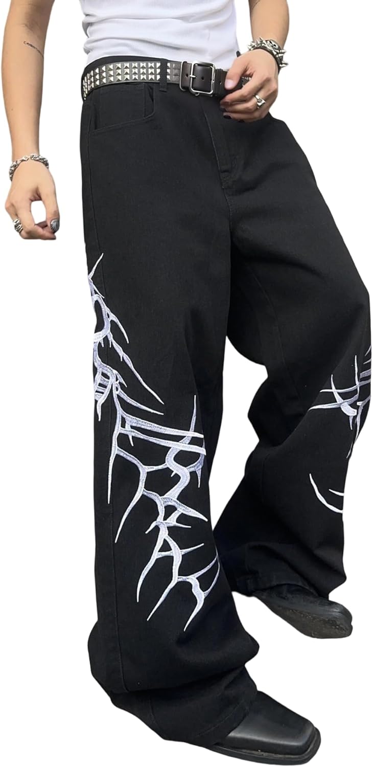 Men's Hip-hop Embroidered Baggy Jeans Loose Fit Denim Black Trousers