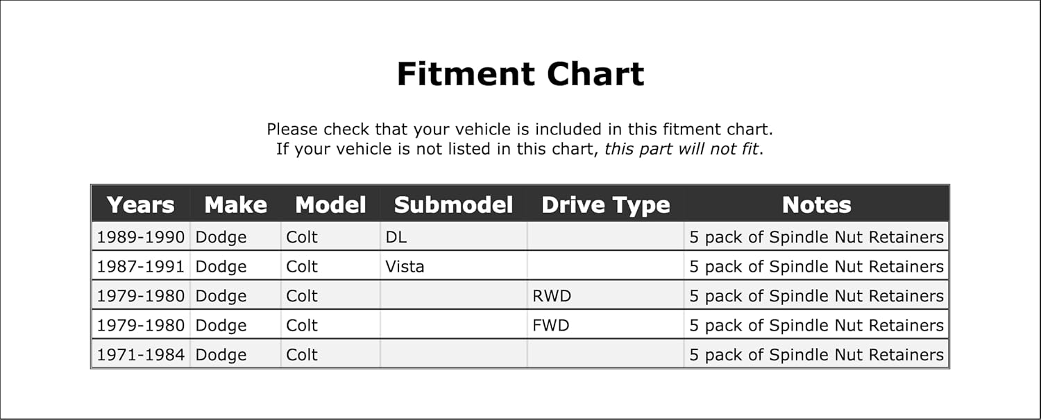 Front OR Rear Spindle Nut Retainer Compatible With Dodge Colt 1991 1990 1989 1988 1987 1984 1983 1982 1981 1980 1979 1978 1977 1976 1975 1974 1973 1972 1971 P-1619996