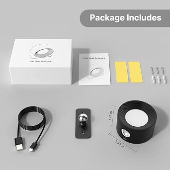 Mexllex LED Wall Light Indoor, 3 Brightness Levels, 3 Color Modes, Bedside Lamp, 360° Rotatable Touch Control, Black, 1PCS [Energy Class A]