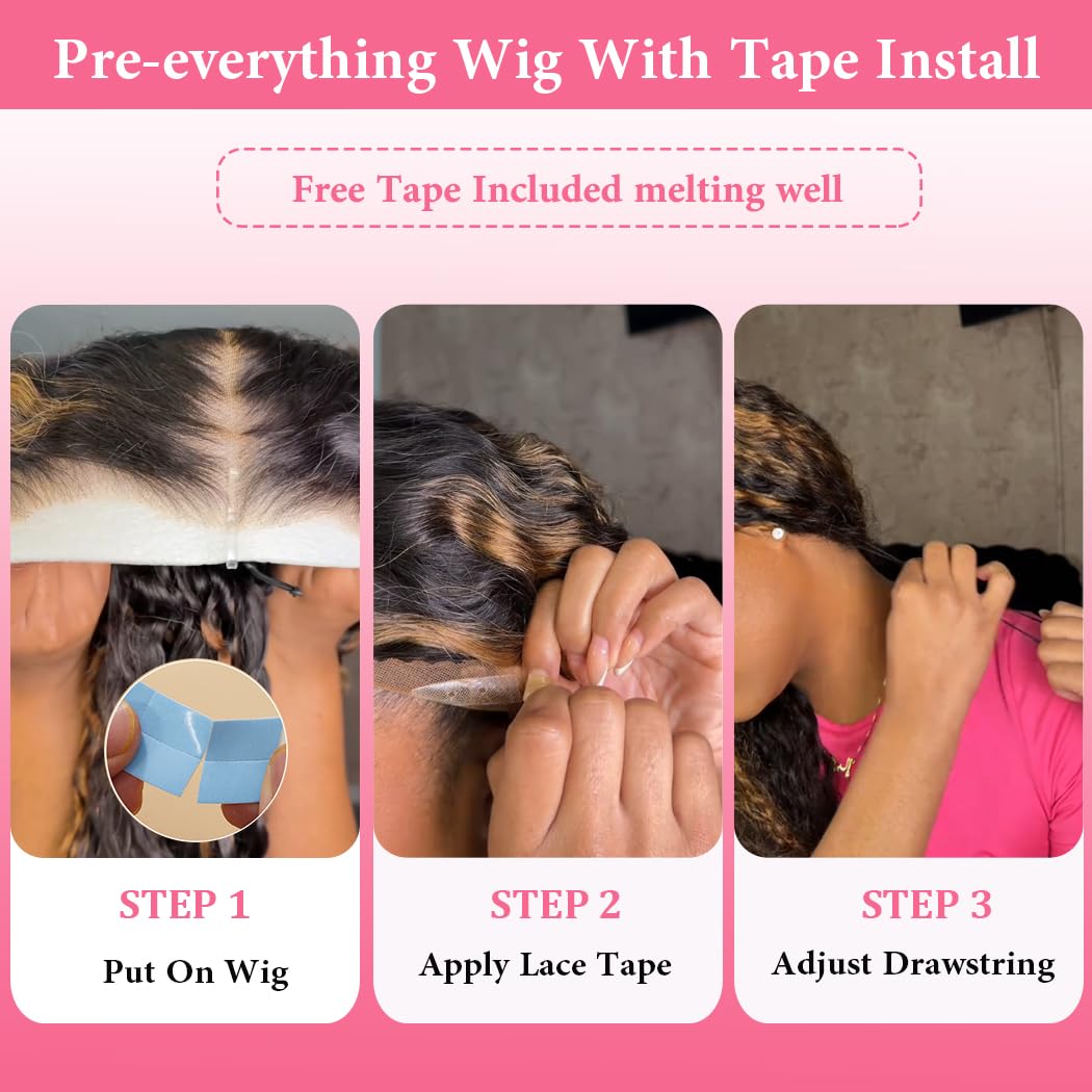 Deep Wave Glueless Wigs Human Hair Pre Plucked Pre Cut 7X5 Highlight Ombre HD Lace Front Wigs Human Hair Remy Curly Human Hair Wigs For Women With Drawstring Cap 18 Inch 1B/30 Balayage Color